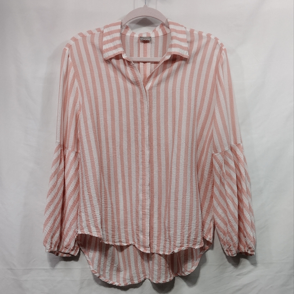 Chico's Striped Drama-Sleeve Shirt Women's L Pink White Strips Office Casual - Picture 2 of 9